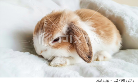 Cute fluffy rabbit resting peacefully on a soft blanket 127995275