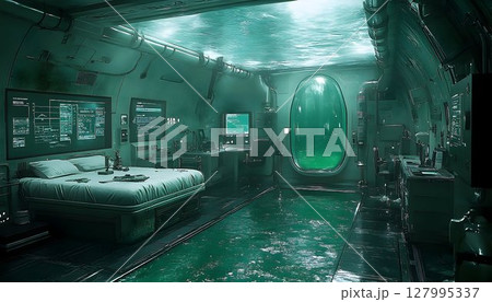 Underwater bedroom futuristic ocean view interior design 127995337