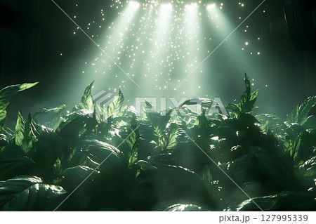 Mysterious green plants illuminated by light beams in a dark setting 127995339