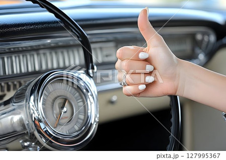 Woman giving thumbs up in classic car interior Woman giving thumbs up in classic car interior 127995367
