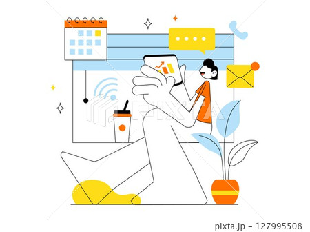 Remote Working Setup Vector Illustration Featuring a Balanced Work Life Environment with Flextime, Emphasizing Flexibility and Productivity from Home 127995508