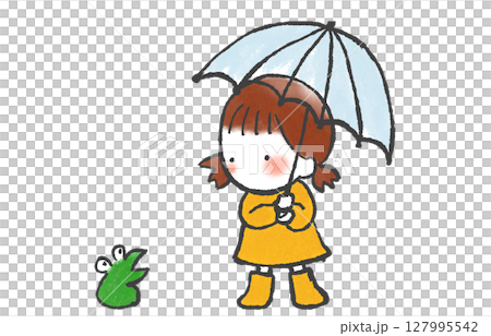 一個女孩在雨中凝視著一隻青蛙 一個女孩在雨中凝視著一隻青蛙 127995542