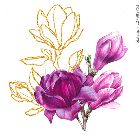 Watercolor bouquet magnolia and gold decorative illustration Watercolor bouquet magnolia and gold decorative illustration 127995753