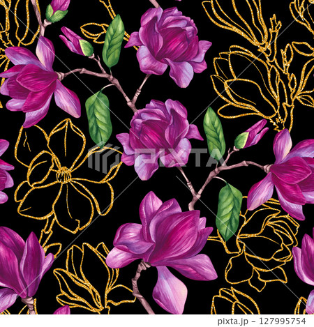 Watercolor bouquet magnolia and gold decorative illustration 127995754