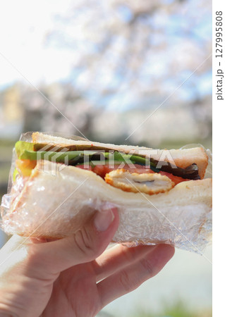 川辺のピクニックでサンドイッチを持っている様子 127995808