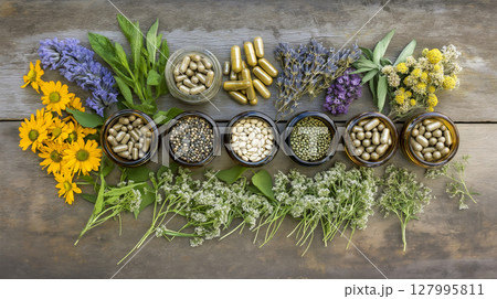 Traditional herbal remedies and spices arranged in jars and on a wooden surface 127995811