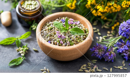 The vibrant world of traditional herbal remedies with spices and aromatic plants 127995857