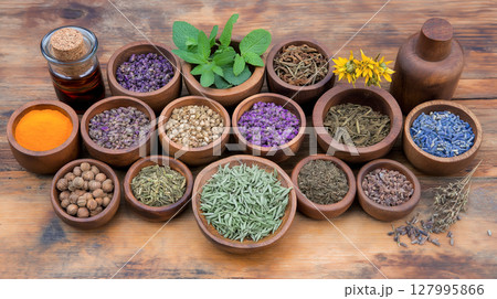 Traditional herbal remedies and spices in wooden bowls on rustic table 127995866