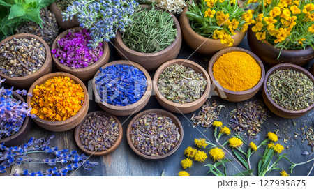 Traditional herbal remedies featured with vibrant spices and fresh herbs from local market 127995875