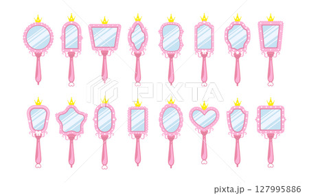 Princess mirror. Set of Small mirrors with pink borders and gold crowns. Cute vintage element for birthday party decoration. Vector illustration in flat cartoon style Princess mirror. Set of Small mirrors with pink borders and gold crowns. Cute vintage element for birthday party decoration. Vector illustration in flat cartoon style 127995886