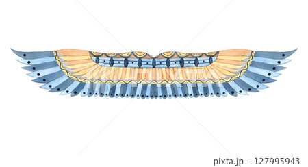 Egyptian wings isolated symbol. Ancient ornament. Geometric symmetric pattern. Watercolor yellow blue illustration. Culture concept for textile, decorative items, stationery, souvenir products 127995943