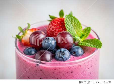 glass of smoothies and fresh berries 127995986