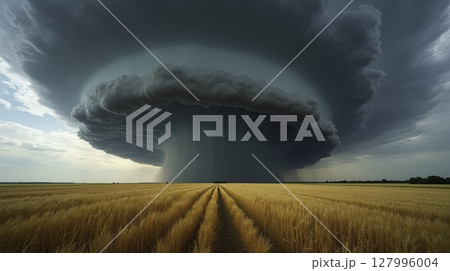 Supercell thunderstorm unleashes intense rainfall over a vast wheat field 127996004
