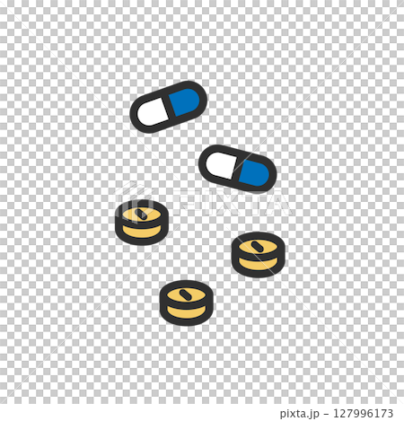 Illustrations of tablets, capsules, oral medications, and oral medications 127996173