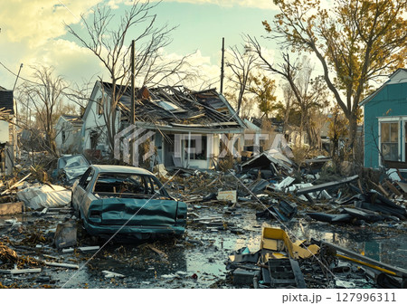 Devastation after storm: destroyed homes and flooded streets in suburban neighborhood Devastation after storm: destroyed homes and flooded streets in suburban neighborhood 127996311