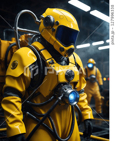 The atomic disaster, danger zone, gas mask and yellow radioactive protection suit 127996338