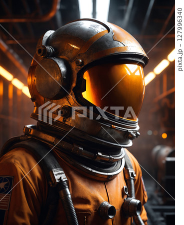 portrait of an astronaut in a dark atmospheric chamber, with a closed visor 127996340