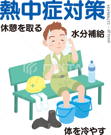 熱中症対策_休憩の取り方_足をバケツで冷やしながら汗を拭く作業着の男性_文字入り 熱中症対策_休憩の取り方_足をバケツで冷やしながら汗を拭く作業着の男性_文字入り 127996434