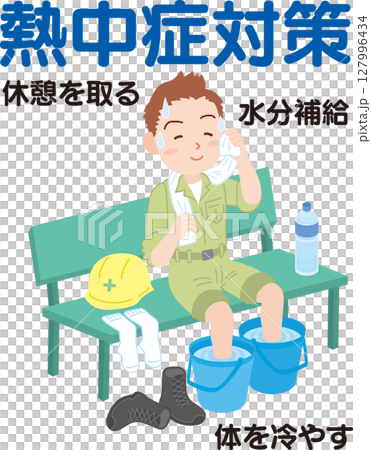 熱中症対策_休憩の取り方_足をバケツで冷やしながら汗を拭く作業着の男性_文字入り 熱中症対策_休憩の取り方_足をバケツで冷やしながら汗を拭く作業着の男性_文字入り 127996434