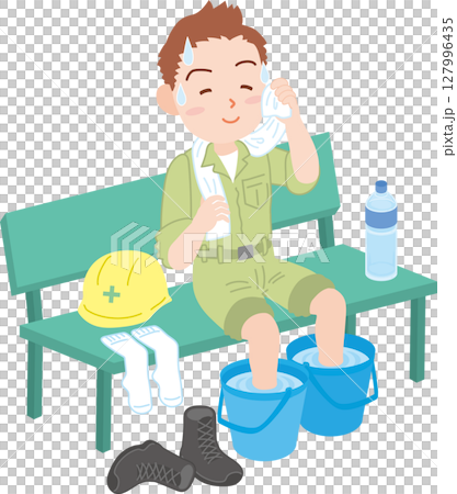 預防中暑_如何休息_一名身穿工作服的男子一邊擦汗一邊用水桶給腳降溫的插圖 預防中暑_如何休息_一名身穿工作服的男子一邊擦汗一邊用水桶給腳降溫的插圖 127996435