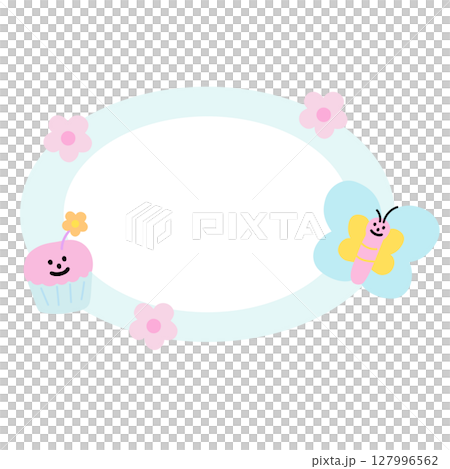 Cute illustration of butterfly, cupcake, flowers with blank space for name tag, text bubble, sticker, print, memo note, sticky note, notepads, paper design, spring, summer, back to school, nature	 127996562