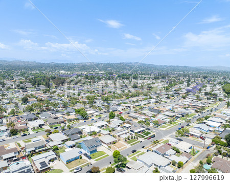Day time aerial view of the Uptown area of Whittier, California. 127996619