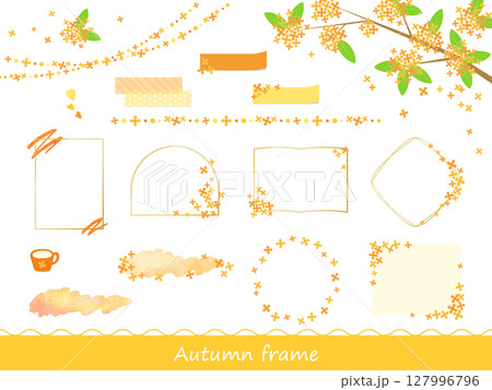かわいい金木犀の秋にぴったりなフレームやあしらいのイラスト素材セット かわいい金木犀の秋にぴったりなフレームやあしらいのイラスト素材セット 127996796