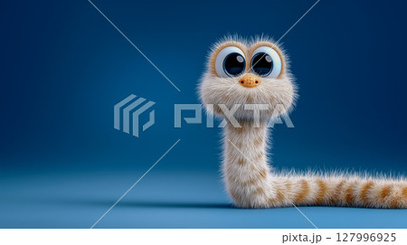 Cute fuzzy snake with large eyes on a vibrant blue background 127996925