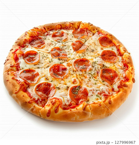 Classic pepperoni pizza, generously topped with melted cheese and herbs, presented whole on a clean white background. 127996967