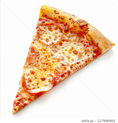 A perfect slice of pepperoni pizza, featuring melted mozzarella cheese and rich tomato sauce on a golden crust, isolated on a white background 127996968