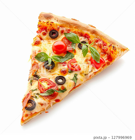 Delicious slice of pizza, featuring melted cheese and rich tomato sauce on a golden crust, isolated on a white background 127996969