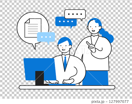 Illustration of people working in an office: A businessman being taught how to do his job Illustration of people working in an office: A businessman being taught how to do his job 127997077