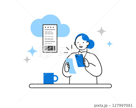オフィスで働く人々のシンプルなイラスト　レシートをスマホ管理する女性 127997081