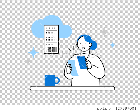 オフィスで働く人々のシンプルなイラスト　レシートをスマホ管理する女性 127997081