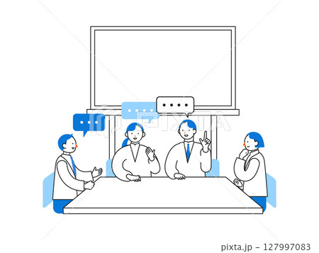 オフィスで働く人々のシンプルなイラスト ホワイトボードのある会議 オフィスで働く人々のシンプルなイラスト ホワイトボードのある会議 127997083
