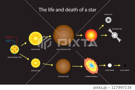 illustration of astronomy and cosmology, the life and death of a star, stellar evolution, birth of a star, Stars are born in vast, slowly rotating, clouds of cold gas and dust called nebulae illustration of astronomy and cosmology, the life and death of a star, stellar evolution, birth of a star, Stars are born in vast, slowly rotating, clouds of cold gas and dust called nebulae 127997116