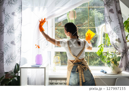 Woman in rubber gloves and apron manually washes window of house with rag cleaner and mop inside interior with home plants on windowsill. Restoring order and cleanliness in spring, cleaning servise 127997155