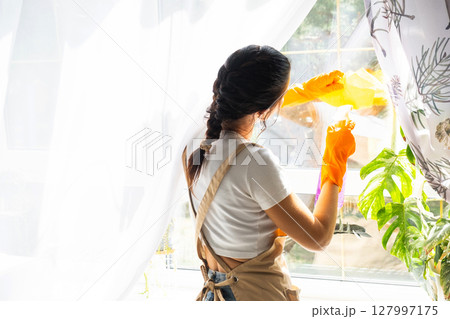 Woman in rubber gloves and apron manually washes window of house with rag cleaner and mop inside interior with home plants on windowsill. Restoring order and cleanliness in spring, cleaning servise 127997175