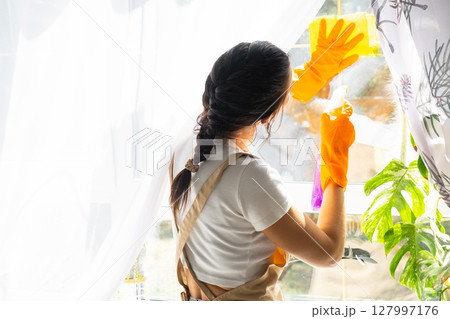 Woman in rubber gloves and apron manually washes window of house with rag cleaner and mop inside interior with home plants on windowsill. Restoring order and cleanliness in spring, cleaning servise 127997176