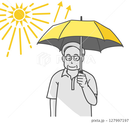 熱中症予防で日傘をさすシニア男性のイラスト 127997197