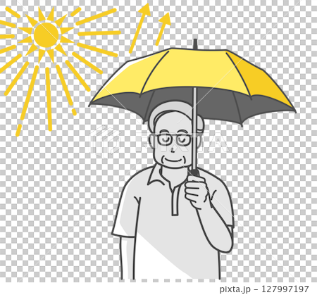 熱中症予防で日傘をさすシニア男性のイラスト 127997197