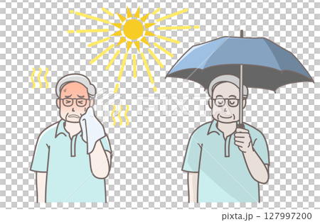 一位老人在烈日下面臨中暑風險，另一位老人則撐著遮陽傘 127997200