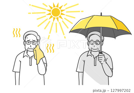 炎天下で熱中症になりそうな高齢男性と、日傘をさす高齢男性 炎天下で熱中症になりそうな高齢男性と、日傘をさす高齢男性 127997202