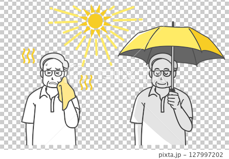 炎天下で熱中症になりそうな高齢男性と、日傘をさす高齢男性 炎天下で熱中症になりそうな高齢男性と、日傘をさす高齢男性 127997202