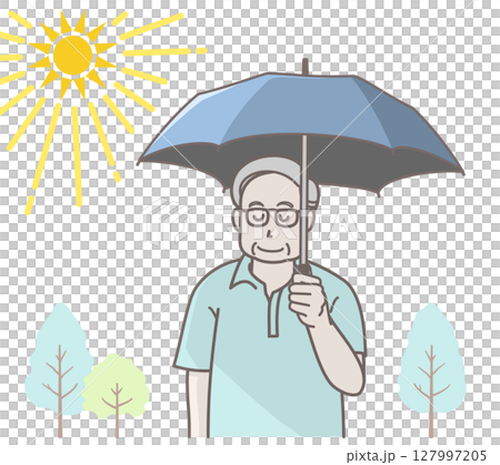 Illustration of a senior man holding a parasol to prevent heatstroke 127997205