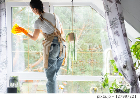 Woman in rubber gloves and apron manually washes attic window of house with rag cleaner and mop inside interior with home plants. Restoring order and cleanliness in spring, cleaning servise Woman in rubber gloves and apron manually washes attic window of house with rag cleaner and mop inside interior with home plants. Restoring order and cleanliness in spring, cleaning servise 127997221