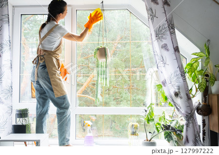Woman in rubber gloves and apron manually washes attic window of house with rag cleaner and mop inside interior with home plants. Restoring order and cleanliness in spring, cleaning servise 127997222