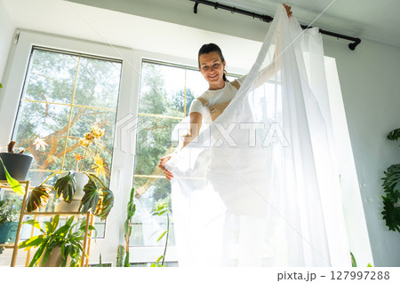 Woman in apron hangs transparent tulle curtains on large windows in the house inside the interior with potted plants. Spring cleaning, tidying up 127997288