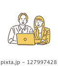 ノートパソコンで共同作業を行う男女ビジネスパートナーのイラスト 127997428