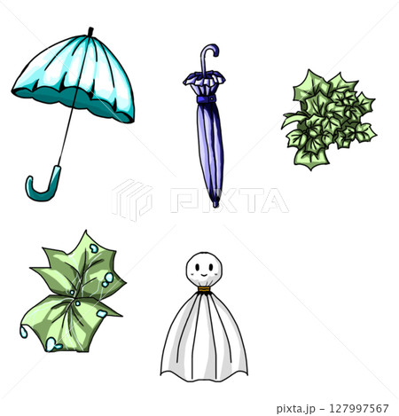 手書きタッチの梅雨・雨に関するイラストです。傘や濡れた葉っぱなどセットです。梅雨時期POPに最適。 127997567